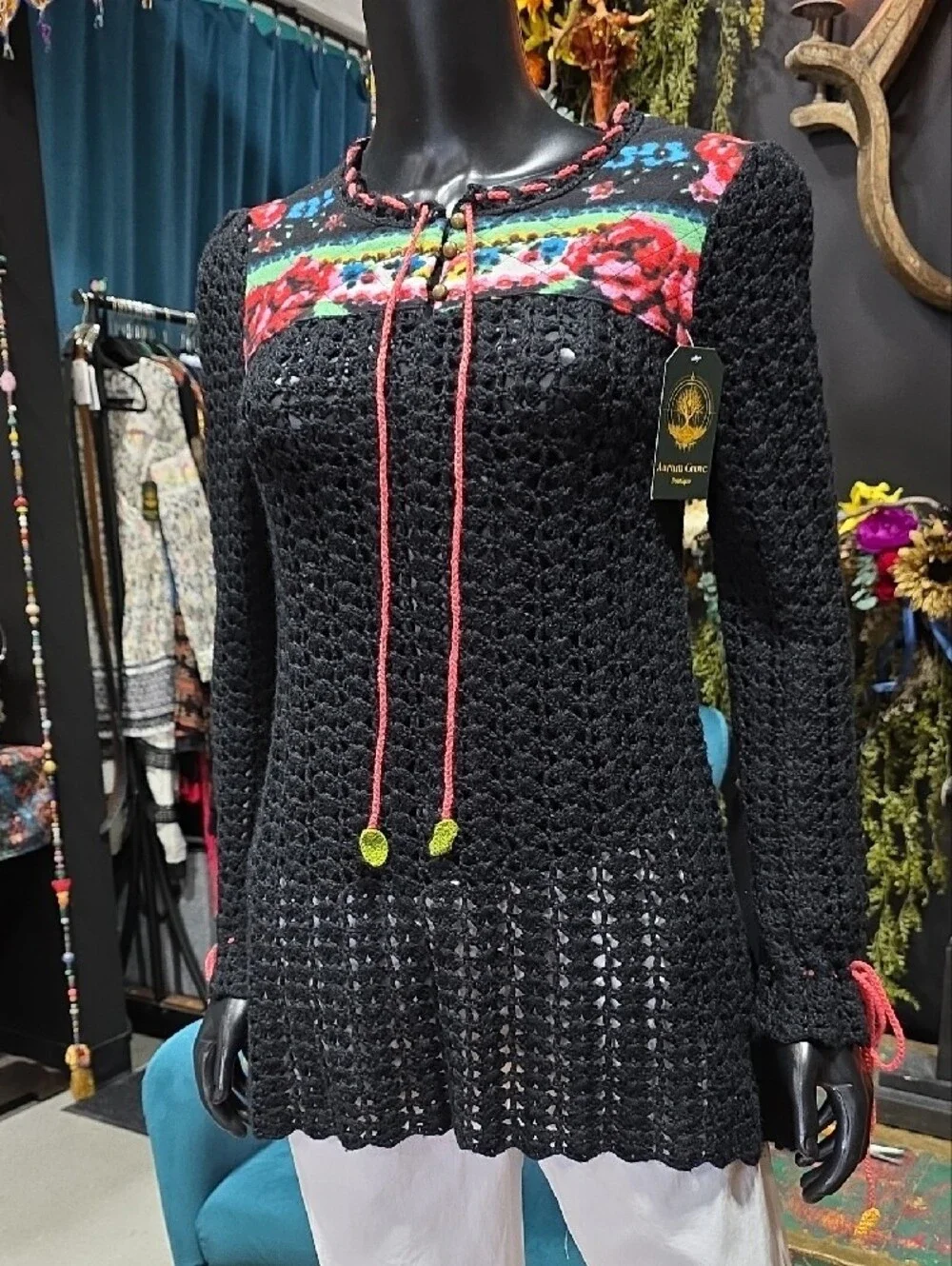 Rare! Free People Black Crochet Tunic with Red & Green Floral Yoke